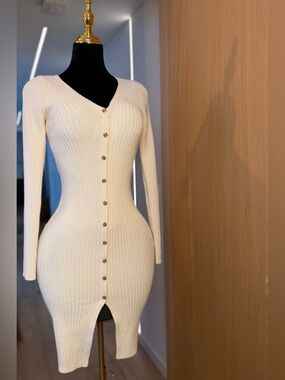 Happily Grey Cream Ribbed Button Midi Dress | Minimal Muse